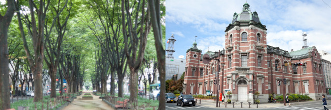 （左）戦後まもなく植樹された仙台・定禅寺通りのケヤキ並木（右）盛岡のランドマーク的存在、旧盛岡銀行本店は明治の名建築