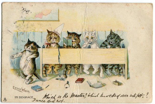 『吾輩は猫である』では、苦沙弥先生のもとに「舶来の猫が四五疋ずらりと行列してペンを握ったり書物を開いたり勉強をしている。その内の一疋は席を離れて机の角で西洋の猫じゃ猫じゃを躍っている」絵はがきが届く。そのもととなったのがこの絵はがき。絵は当時猫のイラストレーションで著名だったルイス・ウェインによるもの。1903年12月、ラファエル＆タック社発行