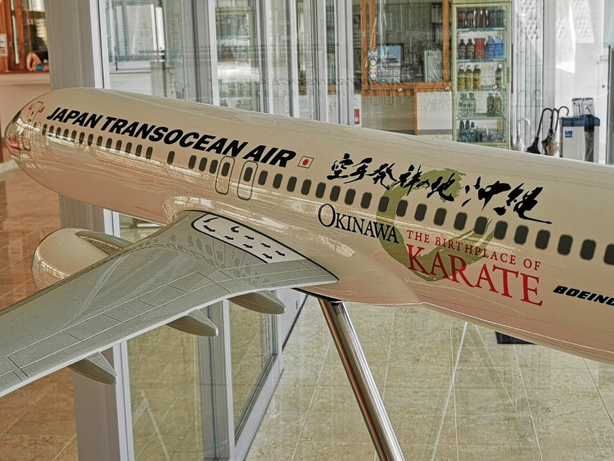 JTA（日本トランスオーシャン航空）の特別デザイン機「空手ジェット」 （空手会館展示模型） JTAのHP https://jta-okinawa.com/painted_airplane/%E7%A9%BA%E6%89%8Bjet/