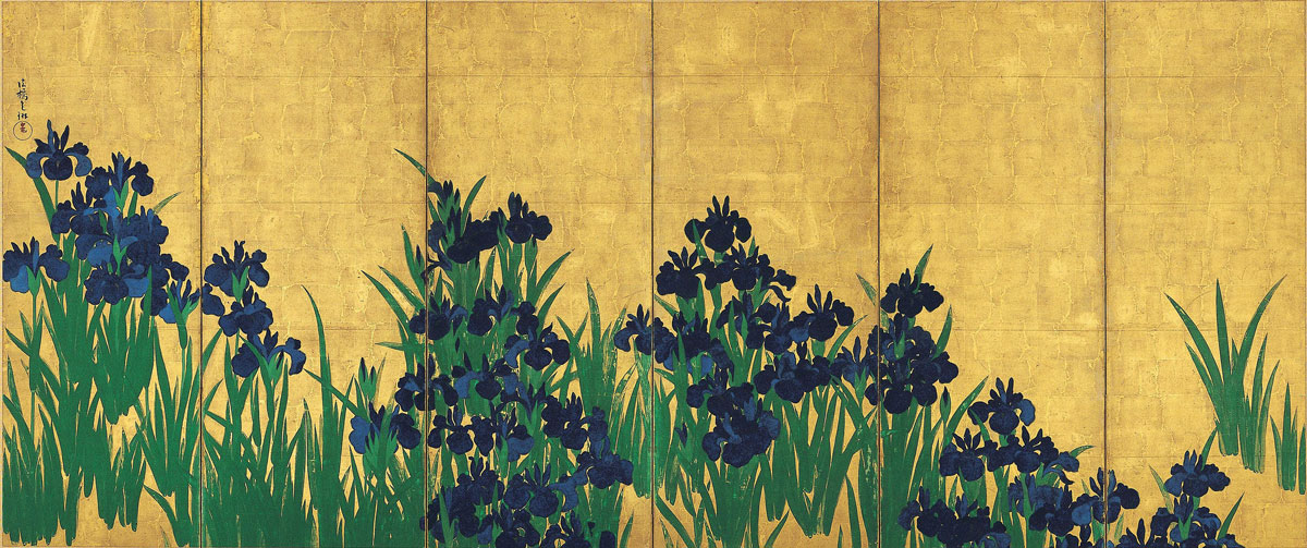 画像7 尾形光琳《蒸子花図屏風》左隻 パブリック・ドメイン 画像出典:燕子花図 – Wikipedia