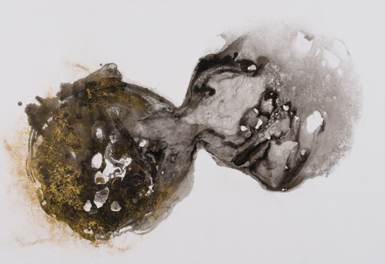 《False Pregnancy -Hatching in the Blastocyst-》
2018
ユニペーパー 油煙墨、 純金箔、純金泥、 PVA、兎膠
1940×970mm
-
油煙墨で描かれたふたつのまるは、受精卵の殻（透明帯）から胚盤胞が飛び出し孵化している様子。その抜け殻に、金を使って装飾をする。粒子のこまかな金泥によるやわらかい輝き。星や月、太陽として表現されてきた小さな金箔の強い輝き。角度を変えて目を凝らすと、無数の光が描かれている