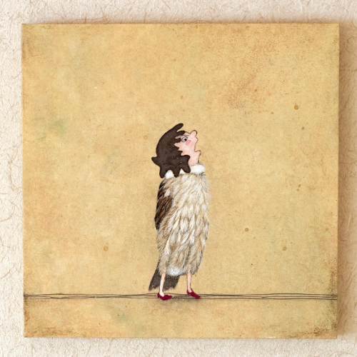 絵本『すずめの冒険』より　原画  岩絵具、水干、泥、和紙 SSM （22.7×22.7cm）  2023