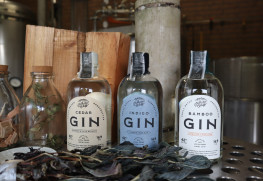 左から：八女市の自然に育まれた八女杉を使用した『Cider GIn』、久留米絣の重要な原料である藍を使用した『Indigo GIn』、久留米市の放置竹林の一部を使用した『Bomboo Gin』